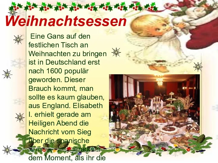 Weihnachtsessen Eine Gans auf den festlichen Tisch an Weihnachten zu