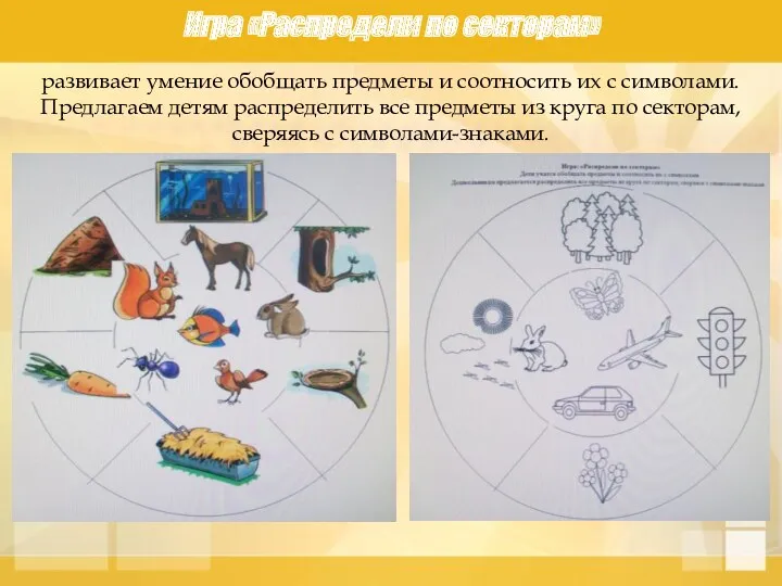 Игра «Распредели по секторам» развивает умение обобщать предметы и соотносить