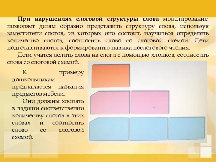 При нарушениях слоговой структуры слова моделирование позволяет детям образно представить