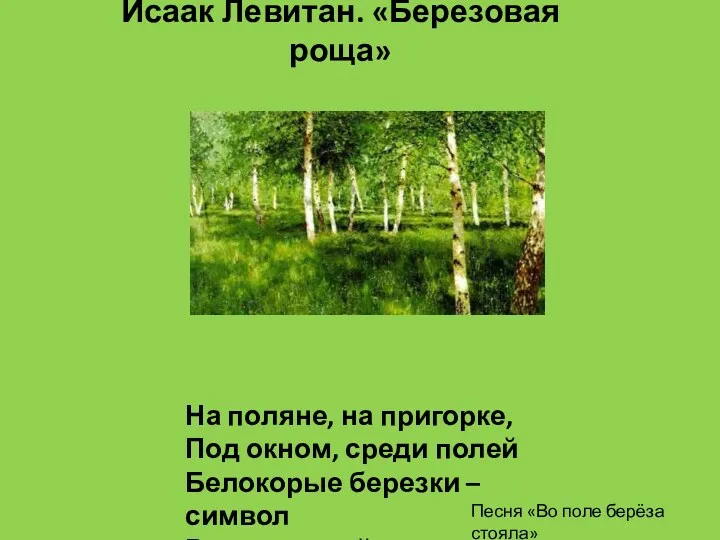 На поляне, на пригорке, Под окном, среди полей Белокорые березки – символ Родины