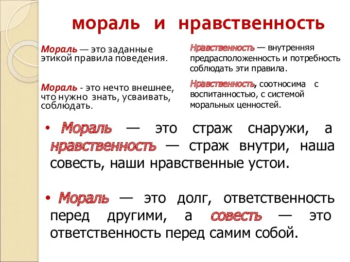 мораль и нравственность Мораль — это заданные этикой правила поведения.