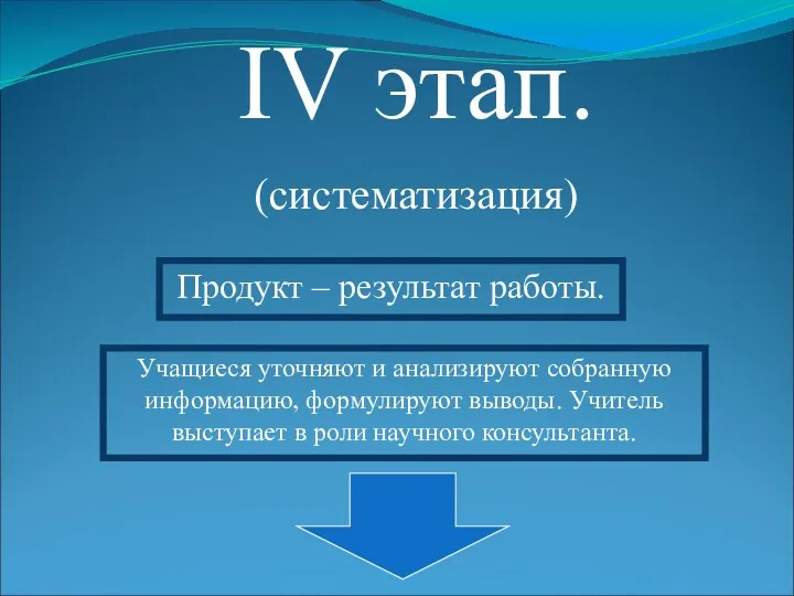 IV этап. (систематизация) Продукт – результат работы. Учащиеся уточняют и