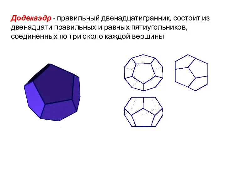 Додекаэдр - правильный двенадцатигранник, состоит из двенадцати правильных и равных