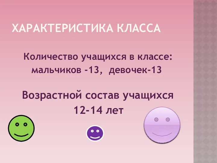 Характеристика класса Количество учащихся в классе: мальчиков -13, девочек-13 Возрастной состав учащихся 12-14 лет