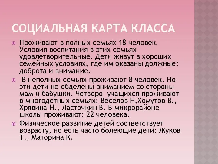 Социальная карта класса Проживают в полных семьях 18 человек. Условия