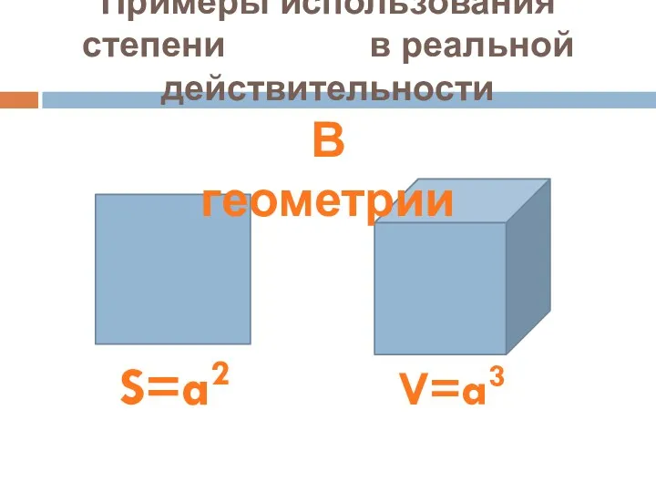 Примеры использования степени в реальной действительности S=a2 V=a3 В геометрии