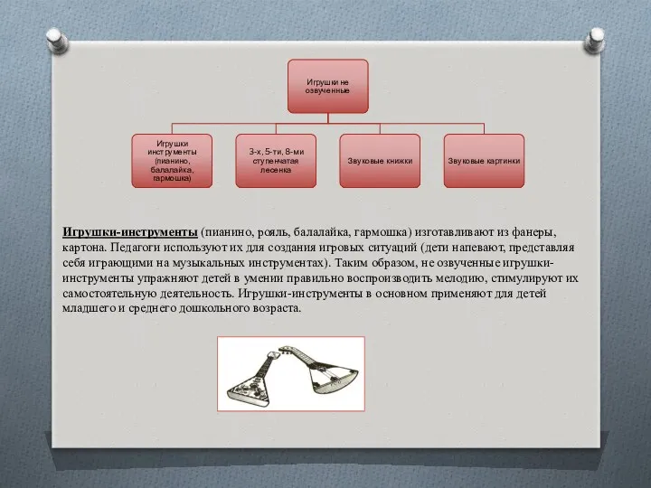 Игрушки-инструменты (пианино, рояль, балалайка, гармошка) изготавливают из фанеры, картона. Педагоги