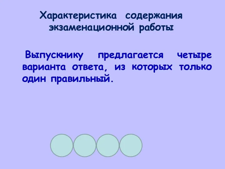 Характеристика содержания экзаменационной работы Выпускнику предлагается четыре варианта ответа, из которых только один правильный.