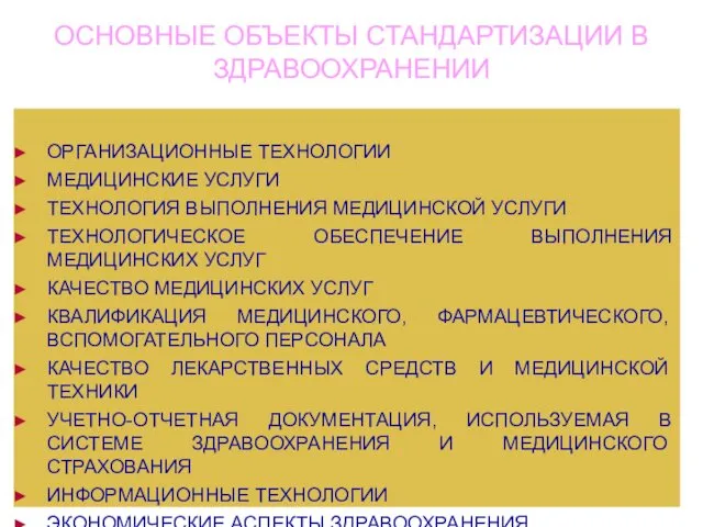 * ОСНОВНЫЕ ОБЪЕКТЫ СТАНДАРТИЗАЦИИ В ЗДРАВООХРАНЕНИИ ОРГАНИЗАЦИОННЫЕ ТЕХНОЛОГИИ МЕДИЦИНСКИЕ УСЛУГИ