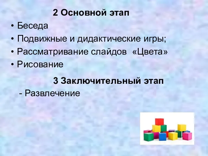 2 Основной этап Беседа Подвижные и дидактические игры; Рассматривание слайдов