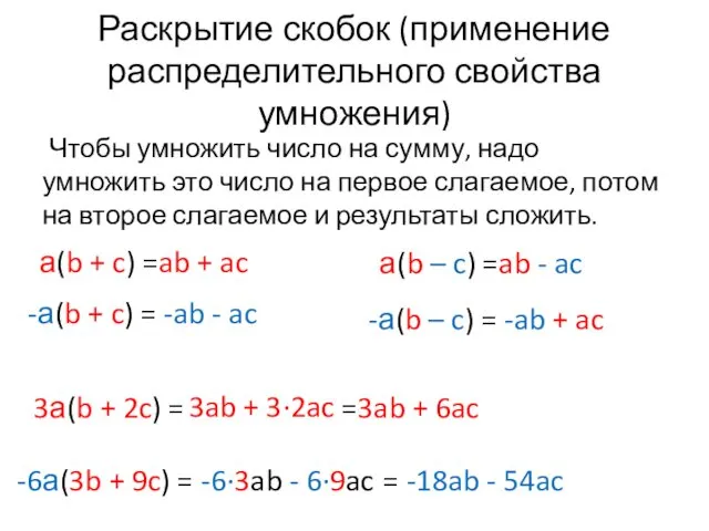 Раскрытие скобок (применение распределительного свойства умножения) Чтобы умножить число на