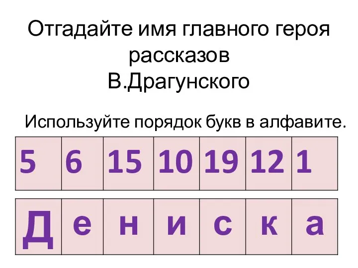 Отгадайте имя главного героя рассказов В.Драгунского Используйте порядок букв в алфавите.