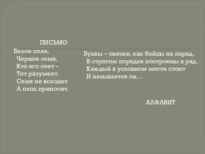 Письмо Алфавит Белое поле, Черное семя, Кто его сеет – Тот разумеет. Семя