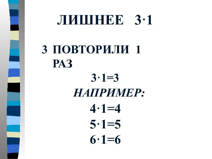 ЛИШНЕЕ 3·1 ПОВТОРИЛИ 1 РАЗ 3·1=3 4·1=4 5·1=5 6·1=6 НАПРИМЕР: