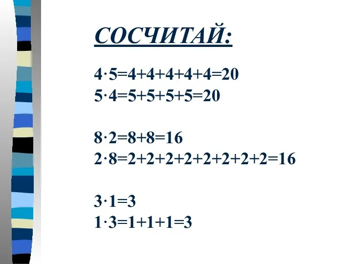 СОСЧИТАЙ: 4·5=4+4+4+4+4=20 5·4=5+5+5+5=20 8·2=8+8=16 2·8=2+2+2+2+2+2+2+2=16 3·1=3 1·3=1+1+1=3