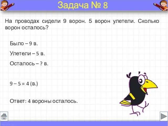 На проводах сидели 9 ворон. 5 ворон улетели. Сколько ворон