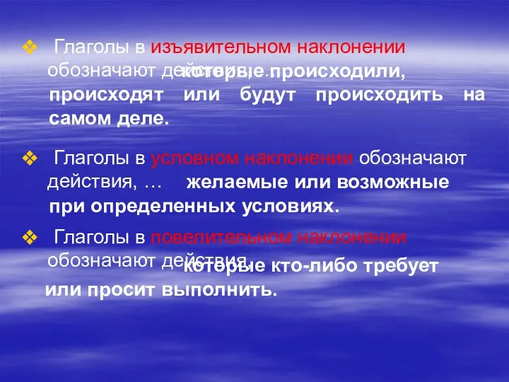 Глаголы в изъявительном наклонении обозначают действия, … Глаголы в условном