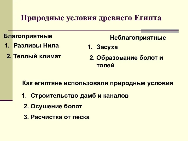 Природные условия древнего Египта Благоприятные Неблагоприятные Разливы Нила 2. Теплый