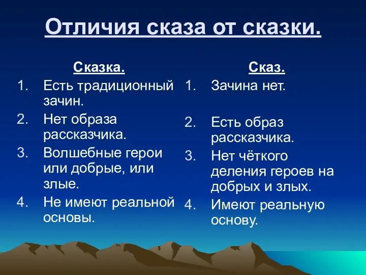 Отличия сказа от сказки. Сказка. Есть традиционный зачин. Нет образа