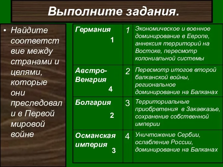 Выполните задания. Найдите соответствие между странами и целями, которые они