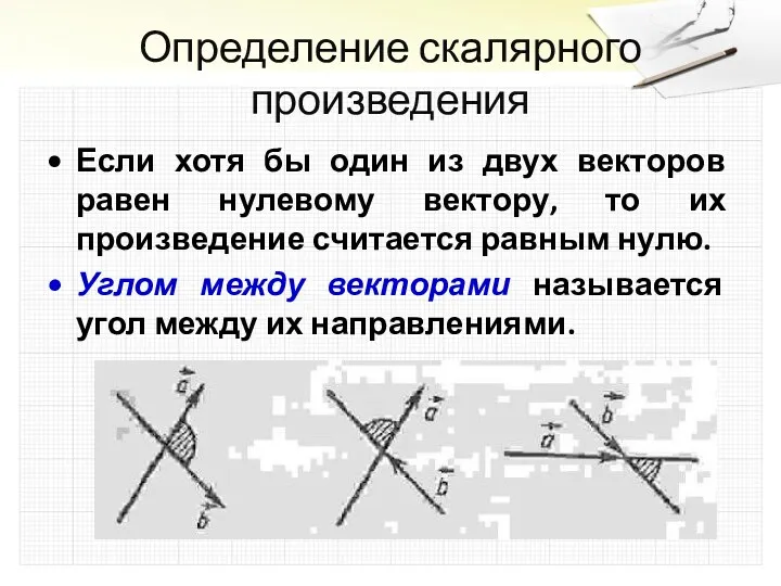 Определение скалярного произведения Если хотя бы один из двух векторов