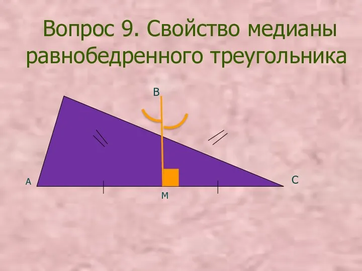 Вопрос 9. Свойство медианы равнобедренного треугольника А В С М