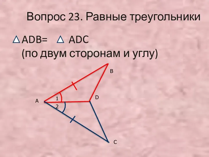 1 2 А С D В Вопрос 23. Равные треугольники