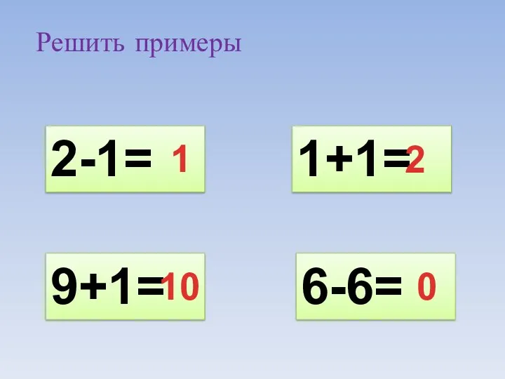 2-1= 9+1= 1+1= 6-6= 1 10 2 0 Решить примеры