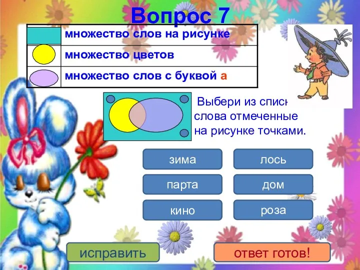 Вопрос 7 Выбери из списка слова отмеченные на рисунке точками.