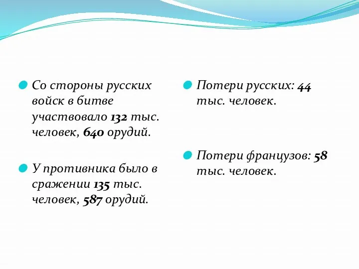 Со стороны русских войск в битве участвовало 132 тыс. человек,