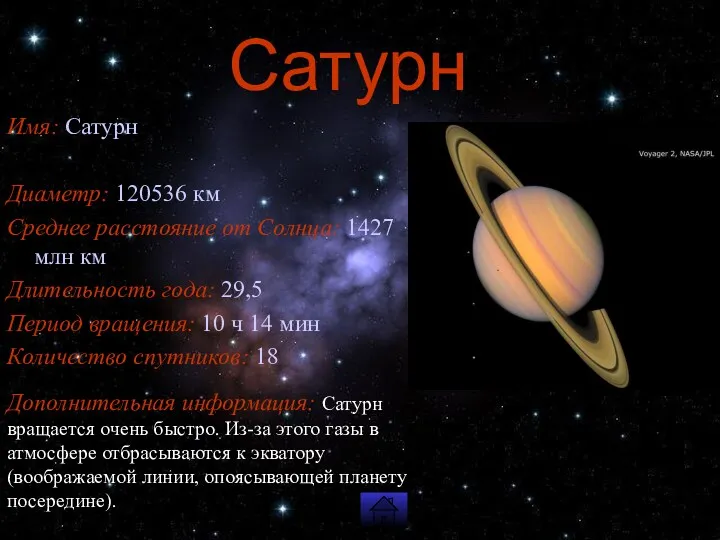 Сатурн Имя: Сатурн Диаметр: 120536 км Среднее расстояние от Солнца: