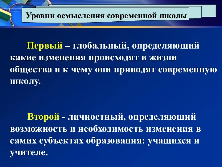 Уровни осмысления современной школы Первый – глобальный, определяющий какие изменения