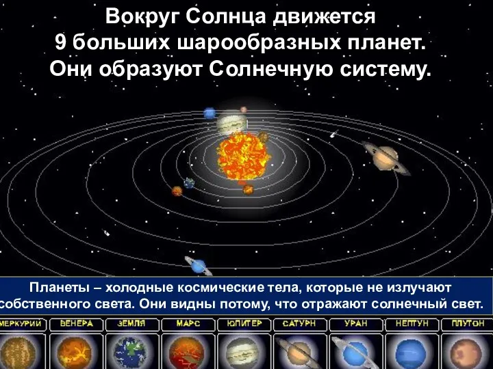 Вокруг Солнца движется 9 больших шарообразных планет. Они образуют Солнечную систему. Планеты –