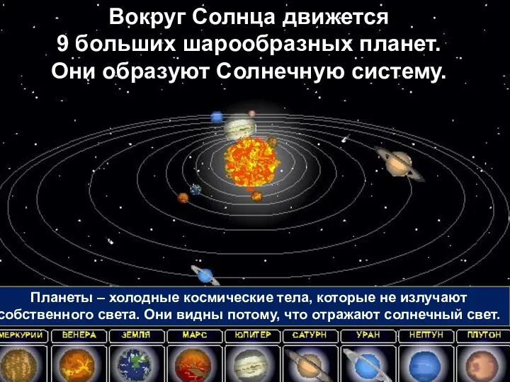 Вокруг Солнца движется 9 больших шарообразных планет. Они образуют Солнечную