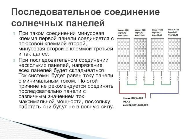 При таком соединении минусовая клемма первой панели соединяется с плюсовой