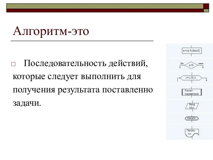 Алгоритм-это Последовательность действий, которые следует выполнить для получения результата поставленной задачи.