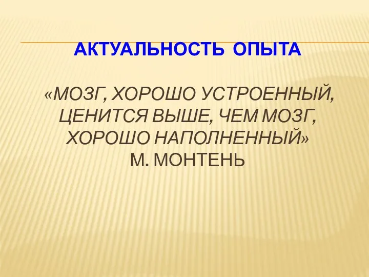 АКТУАЛЬНОСТЬ ОПЫТА «Мозг, хорошо устроенный, ценится выше, чем мозг, хорошо наполненный» М. Монтень