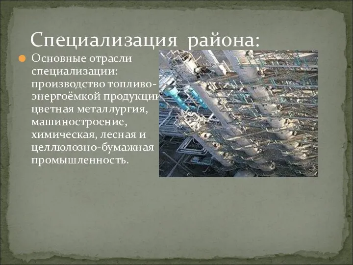 Специализация района: Основные отрасли специализации: производство топливо- и энергоёмкой продукции,