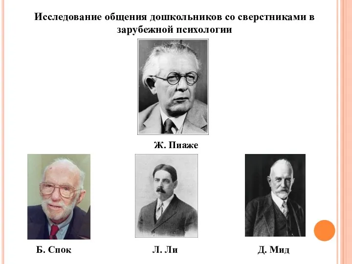 Ж. Пиаже Б. Спок Л. Ли Д. Мид Исследование общения дошкольников со сверстниками в зарубежной психологии