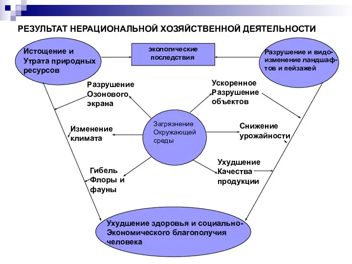 РЕЗУЛЬТАТ НЕРАЦИОНАЛЬНОЙ ХОЗЯЙСТВЕННОЙ ДЕЯТЕЛЬНОСТИ Загрязнение Окружающей среды Снижение урожайности Ухудшение Качества продукции Разрушение