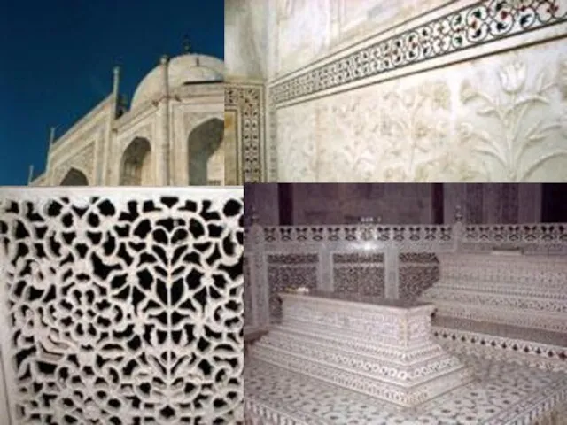 Стены Тадж-Махала выложены белым полированным мрамором с инкрустацией из самоцветов.