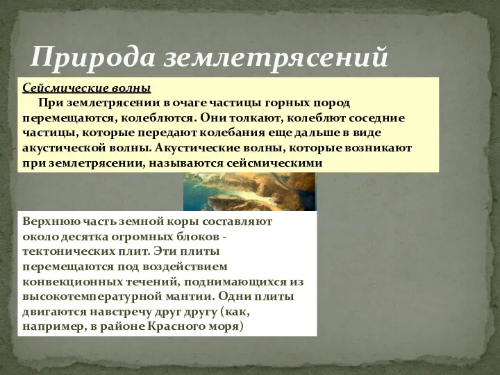 Природа землетрясений Сейсмические волны При землетрясении в очаге частицы горных