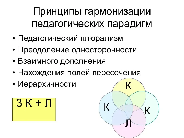 Принципы гармонизации педагогических парадигм Педагогический плюрализм Преодоление односторонности Взаимного дополнения