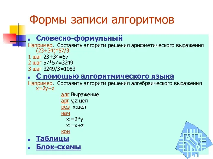 Формы записи алгоритмов Словесно-формульный Например, Составить алгоритм решения арифметического выражения