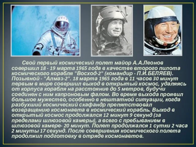 Свой первый космический полет майор А.А.Леонов совершил 18 - 19 марта 1965 года