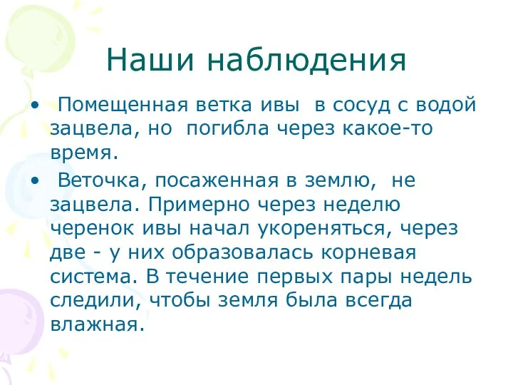 Наши наблюдения Помещенная ветка ивы в сосуд с водой зацвела,