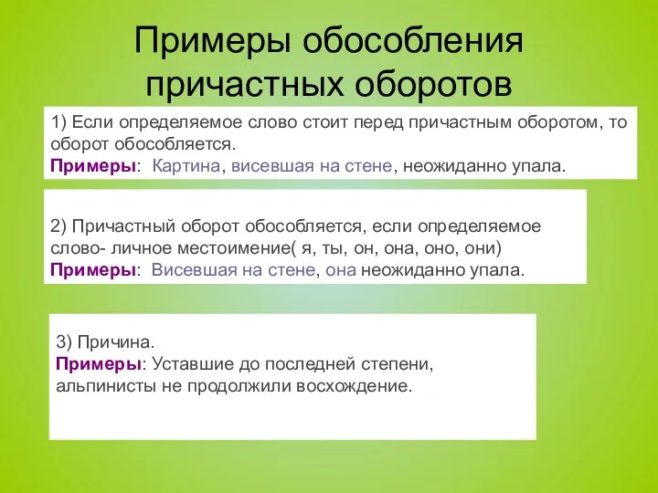 Примеры обособления причастных оборотов 1) Если определяемое слово стоит перед