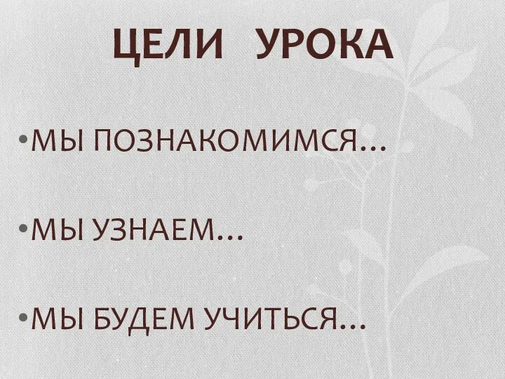 ЦЕЛИ УРОКА МЫ ПОЗНАКОМИМСЯ… МЫ УЗНАЕМ… МЫ БУДЕМ УЧИТЬСЯ…