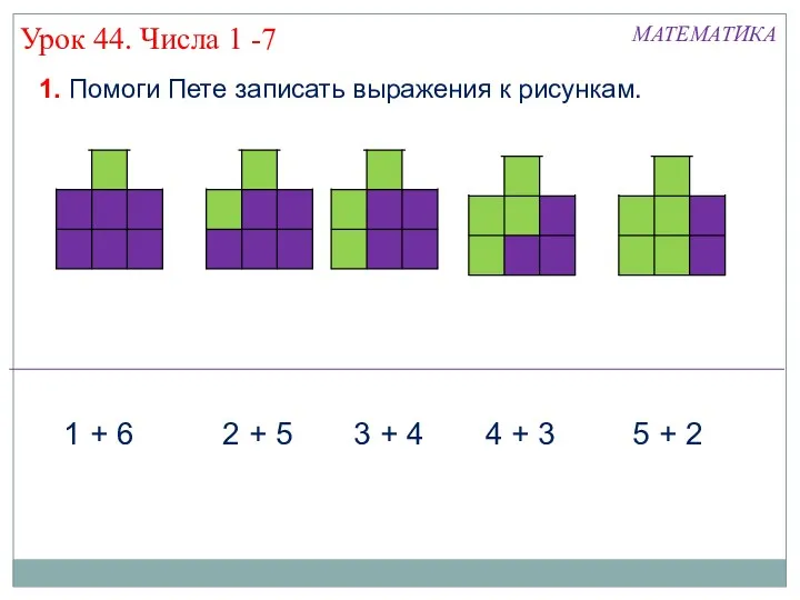Урок 44. Числа 1 -7 МАТЕМАТИКА 1 + 6 2 + 5 3