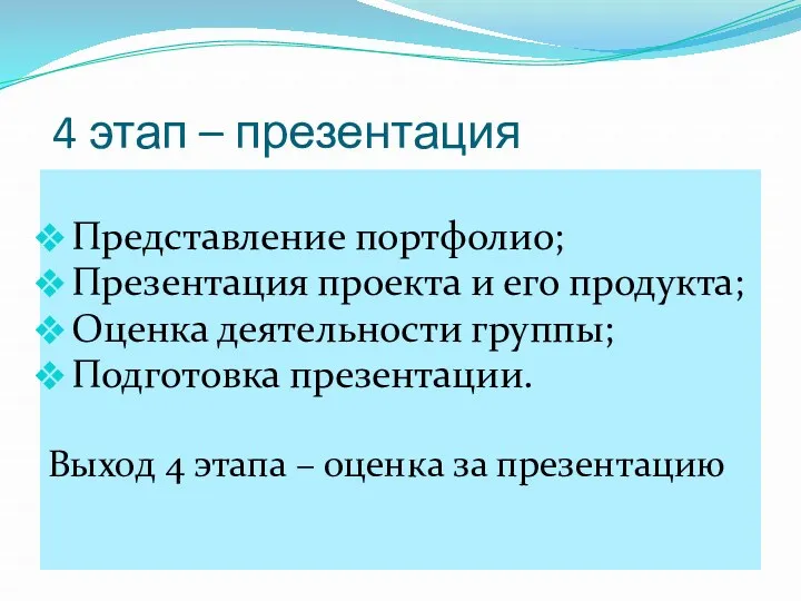 4 этап – презентация Представление портфолио; Презентация проекта и его